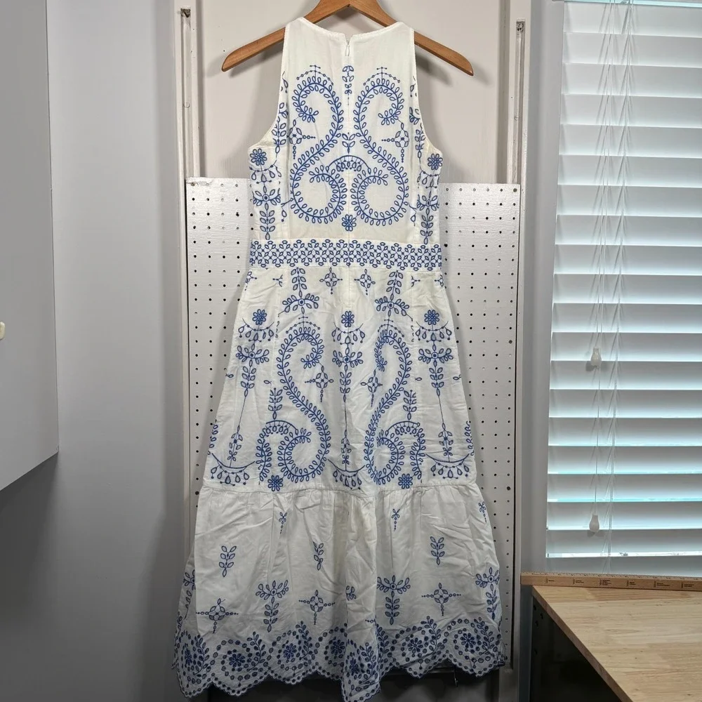Tory Burch Floral Mariana Dress Womens Blue‎ White Embroidered Scallop Hem - 4